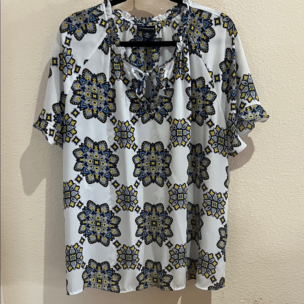 Liz Claiborne White Blouse with Blue and Yellow Pattern